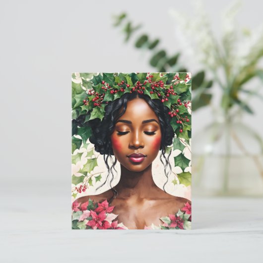 黒人女性クリスマスホリーポインセチア シーズンポストカード (スタンド正面)