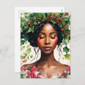 黒人女性クリスマスホリーポインセチア シーズンポストカード (正面/裏面)