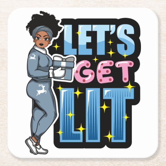 黒人女性クリスマス酒のサイスタに火をつけよう スクエアペーパーコースター (正面)