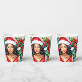 黒人女性サンタハットクリスマス 紙コップ