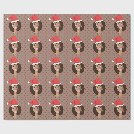 黒人女性サンタハットバブルガムレッド水玉模様 ラッピングペーパー (フラット)