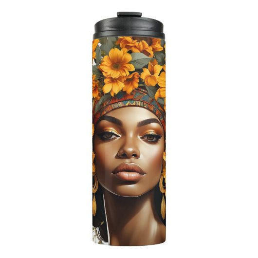 黒人女性バラ&ひまわりカーリーアフロシスタ タンブラー (正面)