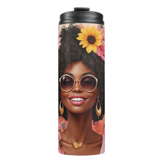 黒人女性バラ&ひまわりカーリーアフロシスタ タンブラー (正面)