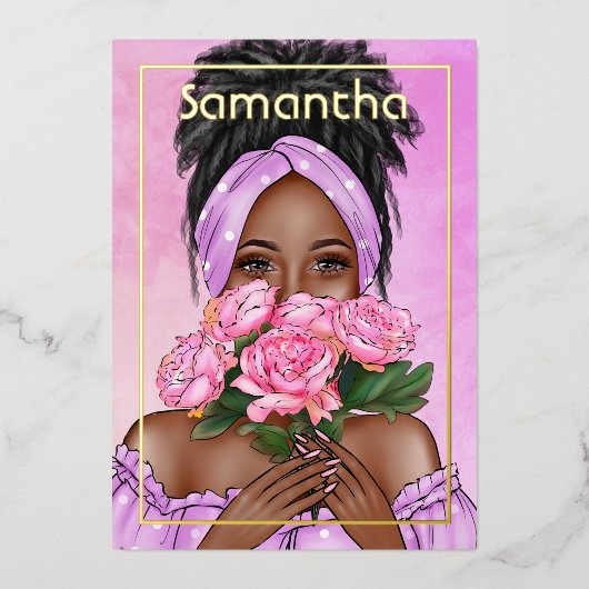 黒人女性バースデーパーティーフォイル招待状 箔招待状 (正面)