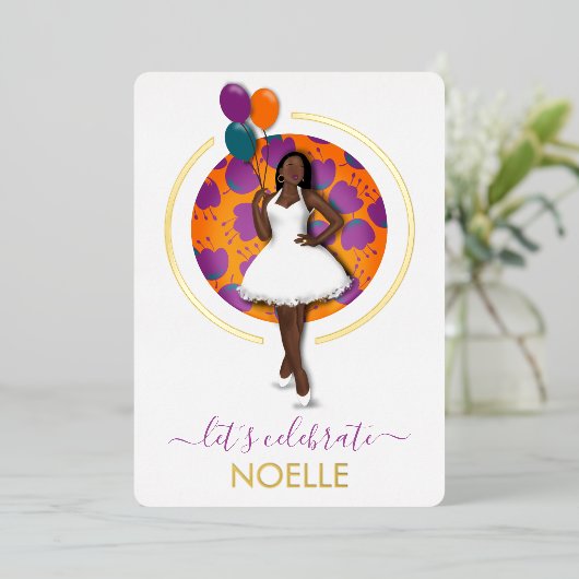 黒人女性ブライダルシャワー風船&花 箔招待状 (立ち正面)