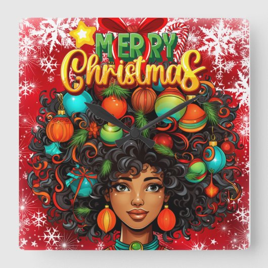 黒人女性メラニンクリスマスアフロナチュラルクイーン スクエア壁時計 (正面)