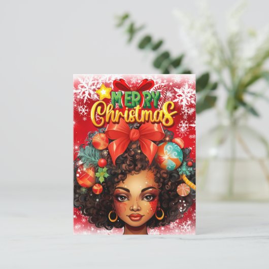 黒人女性メラニンクリスマスツリークリスマスオーナメント シーズンポストカード (スタンド正面)