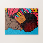 黒人女性包まれた自然毛カラフル青 ジグソーパズル (横)