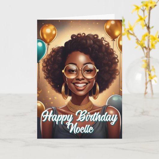 黒人女性祝誕生日風船 カード (黄色い花)