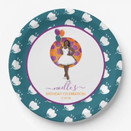 黒人女性誕生日風船&花ティール（緑がかった色） ペーパープレート