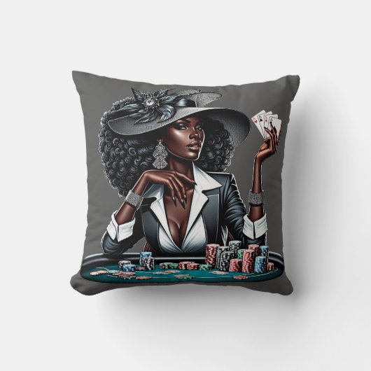黒人女性賭博カジノカードトランプのポーカーチップスアート クッション (正面)