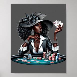 黒人女性賭博カジノカードトランプのポーカーチップスアート ポスター