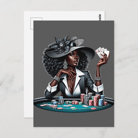 黒人女性賭博カジノカードトランプのポーカーチップスアート ポストカード (正面/裏面)