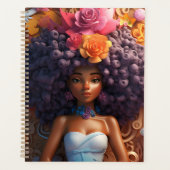 黒人女性魔法メラニン茶色の肌の女の子の花 プランナー手帳 (正面)