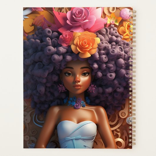 黒人女性魔法メラニン茶色の肌の女の子の花 プランナー手帳 (裏面)