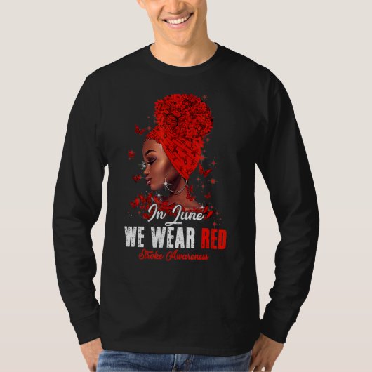 黒人女性6月We衣服赤脳卒中認識度 Tシャツ (正面)