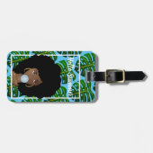 黒人女性，こんにちは夏，熱帯葉の，青 ラゲッジタグ (正面横)