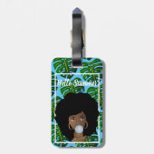 黒人女性，こんにちは夏，熱帯葉の，青 ラゲッジタグ (裏面縦)