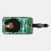 黒人女性，こんにちは夏，熱帯葉の，青 ラゲッジタグ (裏面横)