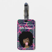 黒人女性，こんにちは夏，緑葉の女性，ホットピンク ラゲッジタグ (裏面縦)