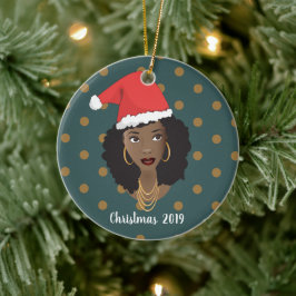 黒人女性、クリスマスサンタハット、水玉模様ティール（緑がかった色） セラミックオーナメント