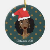 黒人女性、クリスマスサンタハット、水玉模様ティール（緑がかった色） セラミックオーナメント (正面)