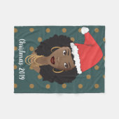 黒人女性、クリスマスサンタハット、水玉模様ティール(緑がかった色) フリースブランケット (正面(横))
