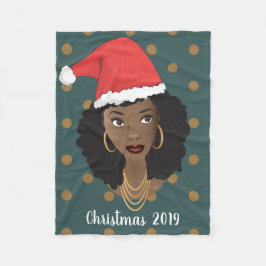 黒人女性、クリスマスサンタハット、水玉模様ティール（緑がかった色） フリースブランケット