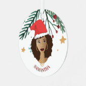 黒人女性，クリスマスレッドサンタハット，木，星 メタルオーナメント (正面左)