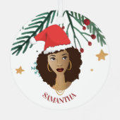 黒人女性，クリスマスレッドサンタハット，木，星 メタルオーナメント (裏面)