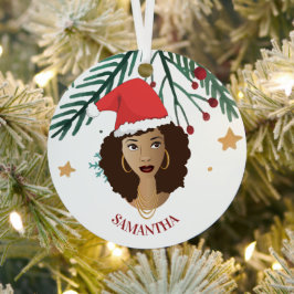 黒人女性,クリスマスレッドサンタハット,木,星 メタルオーナメント