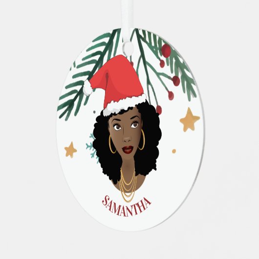 黒人女性,クリスマスレッドサンタハット,木,星 メタルオーナメント (正面左)