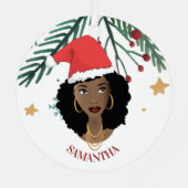 黒人女性,クリスマスレッドサンタハット,木,星 メタルオーナメント (裏面)