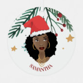黒人女性,クリスマスレッドサンタハット,木,星 メタルオーナメント (正面)