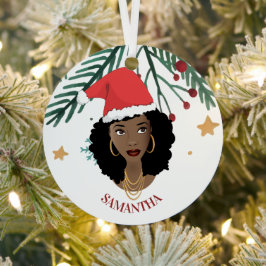 黒人女性,クリスマスレッドサンタハット,木,星 メタルオーナメント