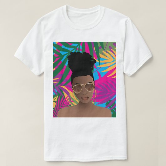 黒人女性(サングローズ付き)、トロピカルカラフル葉 Tシャツ (デザイン正面)