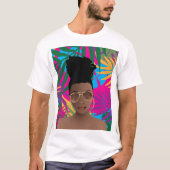 黒人女性(サングローズ付き)、トロピカルカラフル葉 Tシャツ (正面)