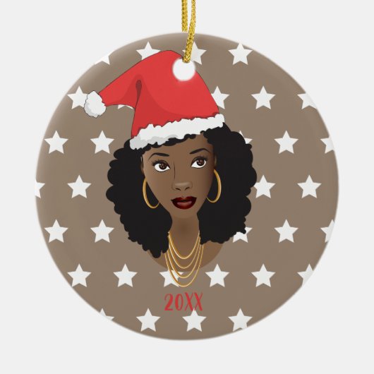 黒人女性，サンタハット，白い星模様，茶色 セラミックオーナメント (正面)