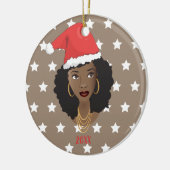 黒人女性，サンタハット，白い星模様，茶色 セラミックオーナメント (左)