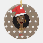 黒人女性，サンタハット，白い星模様，茶色 セラミックオーナメント (裏面)