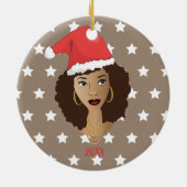黒人女性,サンタハット,白い星模様,茶色 セラミックオーナメント (裏面)