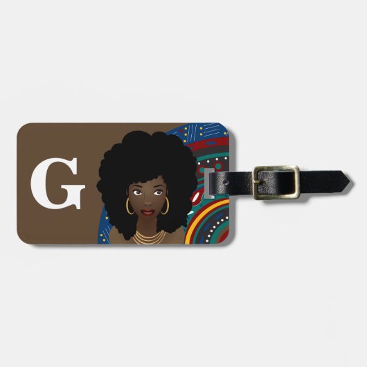 黒人女性、トライバルインスパイア、モノグラム、ブラウン ラゲッジタグ (正面横)