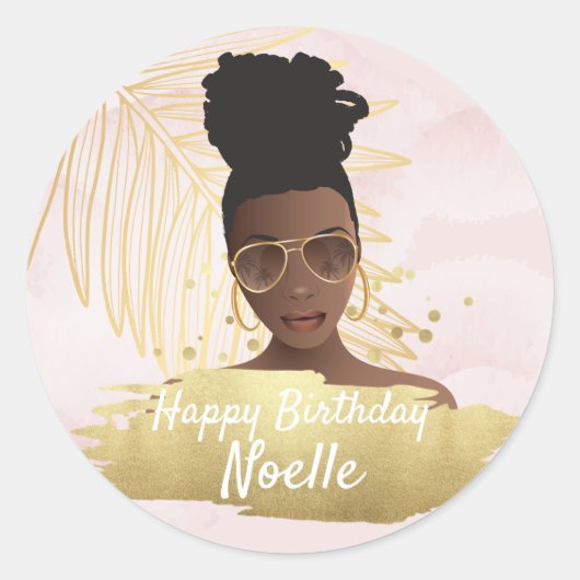 黒人女性、トロピカル ゴールデン ピンクの誕生日 ラウンドシール (正面)