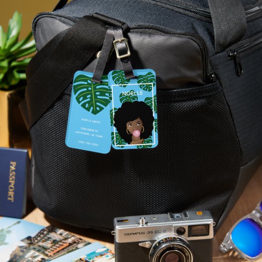 黒人女性，バブルガム，トロピカル葉，青 ラゲッジタグ (正面&裏面)