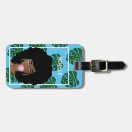 黒人女性，バブルガム，トロピカル葉，青 ラゲッジタグ