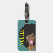 黒人女性,バブルガム,天然毛,ティール(緑がかった色)グリーン ラゲッジタグ (裏面縦)