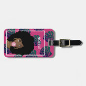 黒人女性,バブルガム,熱帯葉の,ホットピンク ラゲッジタグ (正面横)