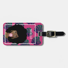 黒人女性，バブルガム，熱帯葉の，ホットピンク ラゲッジタグ