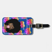 黒人女性、バブルガム、熱帯葉、ネイビーブルー ラゲッジタグ (正面横)