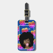 黒人女性、バブルガム、熱帯葉、ネイビーブルー ラゲッジタグ (正面縦)